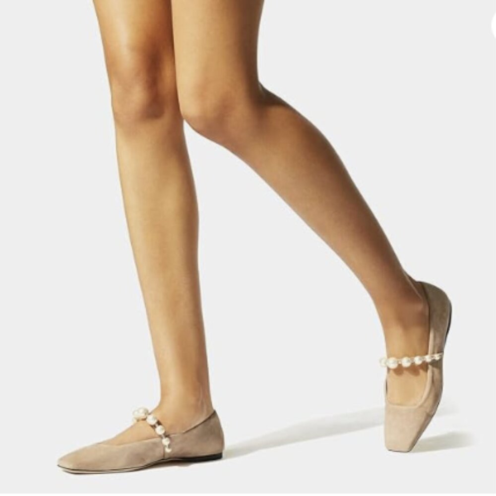 FOWT Women Square Toe Slip on Flats Pearl Studded Strap Elegant Pumps Nude